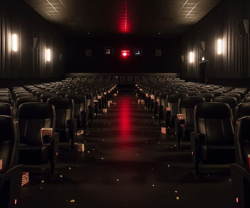 Pusty amfiteatralny rząd kinowy rozciąga się w głąb obrazu, ukazując symetryczne rzędy czarnych foteli po obu stronach centralnego przejścia. Na fotelach i podłodze widać rozrzucone pudełka po popcornie, a także pojedyncze ziarna popcornu na ciemnej wykładzinie. Czerwone światła wskazujące wyjścia awaryjne oraz reflektory boczne o ciepłym, białym świetle oświetlają czarne, teksturowane ściany i sufit.