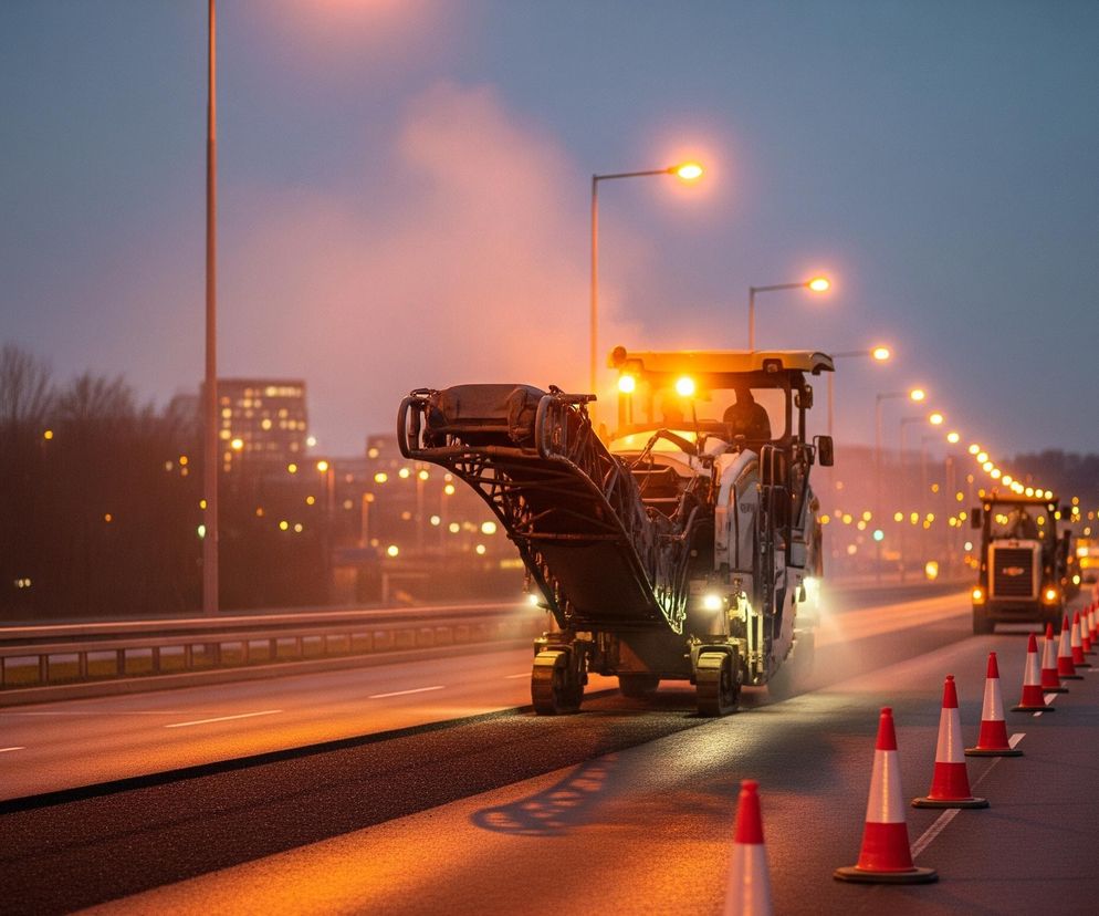 Duża maszyna do robót drogowych, prawdopodobnie frezarka, zajmuje lewą część dwupasmowej drogi, która jest świeżo pokryta czarnym asfaltem. Jej jasnożółte światła robocze rozświetlają asfalt i unoszący się wokół niej pył oraz parę, tworząc złote refleksy na mokrej nawierzchni. Po prawej stronie drogi, oddzielonej rzędem białych i czerwonych pachołków, znajduje się drugi pas ruchu, również z widoczną nową warstwą asfaltu, prowadzący w dal, gdzie widać kolejne maszyny i światła miejskie. Otoczenie skąpane jest w półmroku, z wyraźnie widocznym ciemnym, granatowo-różowym niebem, a w tle majaczą niewyraźne, oświetlone budynki i drzewa bez liści, wszystko rozświetlone szeregiem pomarańczowych lamp ulicznych.