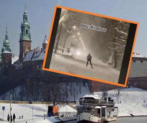 Takie rzeczy tylko w Krakowie. Mężczyzna zaskoczył zimę, jeżdżąc na nartach po mieście [WIDEO]