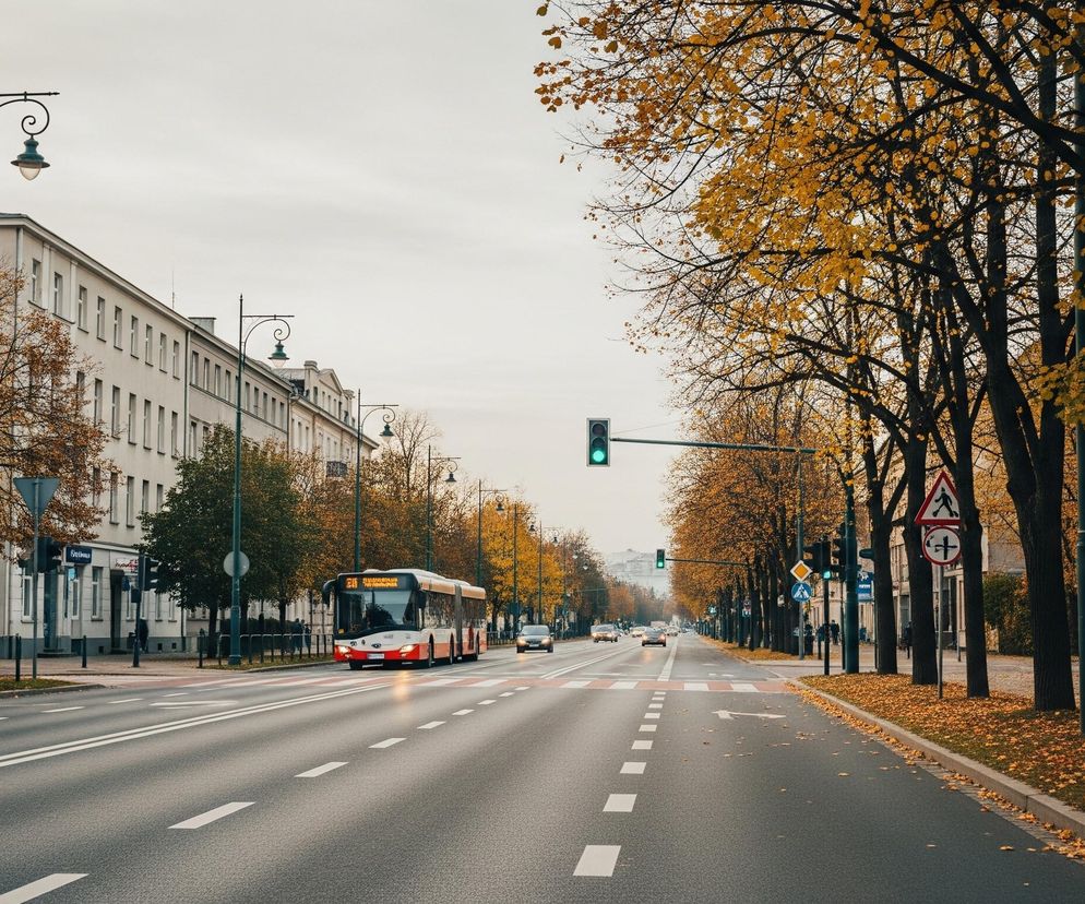 Ulicę miejską w perspektywie, z szeroką jezdnią i licznymi drzewami o jesiennych, żółtych liściach. Na lewym pasie drogi widoczny jest biało-czerwony autobus, a przed nim oraz dalej na drodze jadą samochody osobowe. Po obu stronach ulicy rozciągają się rzędy budynków, a wzdłuż krawężników leżą rozsypane żółto-brązowe liście. Na skrzyżowaniach i poboczach stoją latarnie uliczne i sygnalizacja świetlna, z której jedno światło świeci się na zielono.