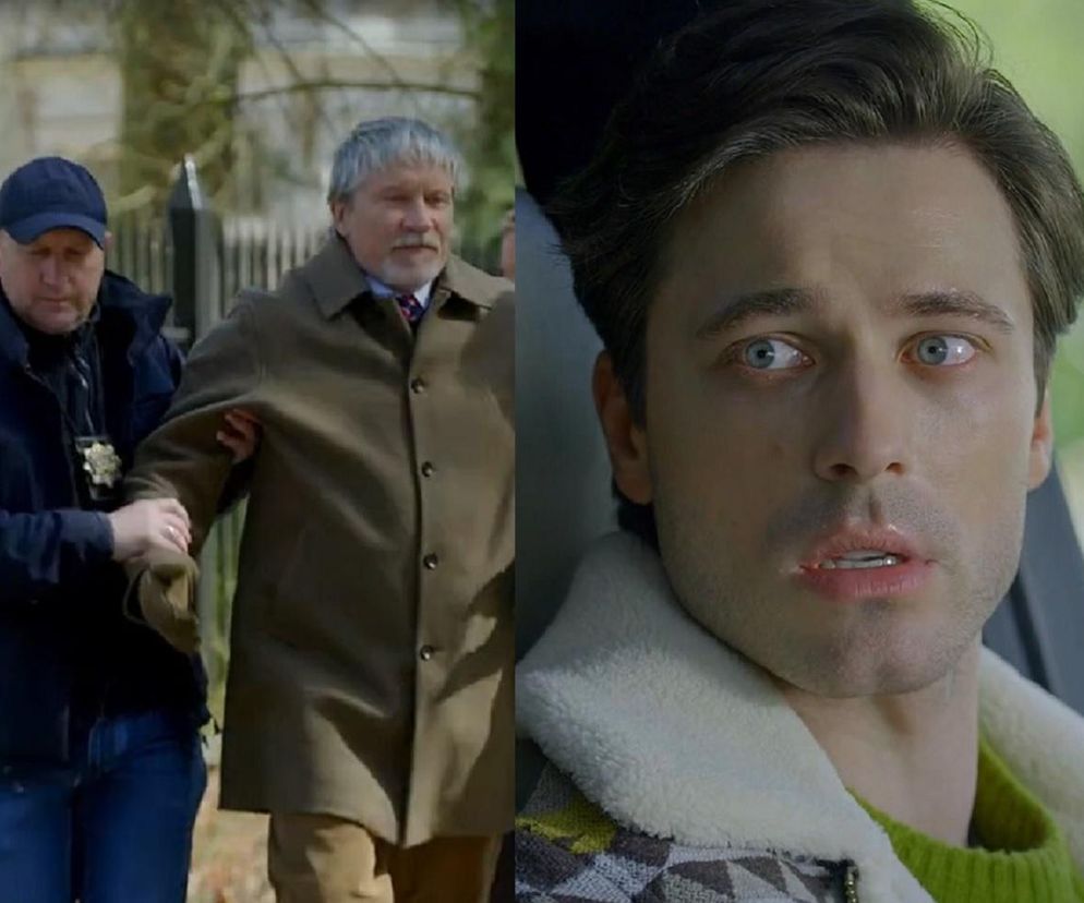 Podzielony kadr: po lewej mężczyzna w policyjnej czapce prowadzi starszego mężczyznę w płaszczu, symbolizując zatrzymanie Kiryłły. Po prawej, przerażony Cezary Rawicz z szeroko otwartymi oczami. Dowiedz się więcej o serialu Barwy szczęścia na portalu Super Seriale.