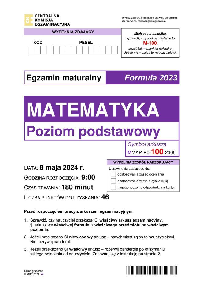 Matura 2024 - ARKUSZ CKE z matematyki (pp, nowa formuła)