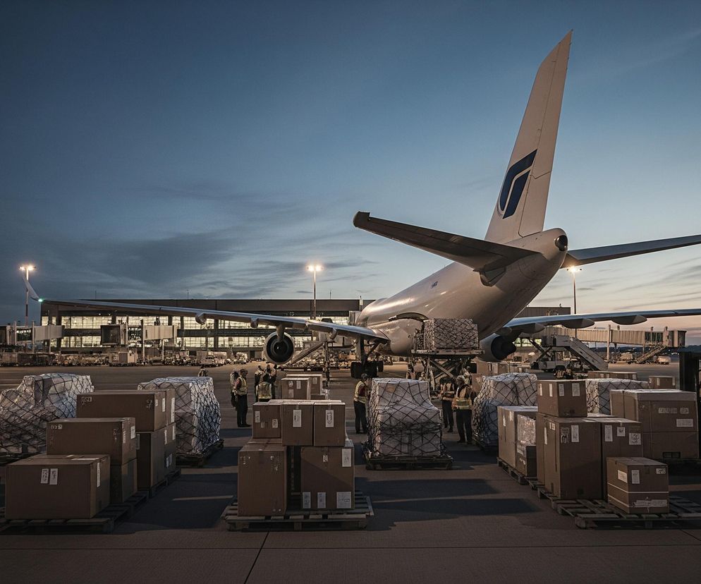 Duży, biały samolot transportowy z niebieskim logo na pionowym stabilizatorze ogonowym dominuje centralną część kadru, stojąc na oświetlonym płycie lotniska pod wieczornym niebem w odcieniach granatu i pomarańczu. Wokół samolotu, zwłaszcza na pierwszym planie, rozłożone są liczne palety z brązowymi kartonami i siatkowanymi ładunkami, z których część jest załadowywana na samolot przez podnośniki i obsługiwana przez kilku pracowników w odblaskowych kamizelkach. W tle widać budynek terminala lotniska z licznymi oknami i mostami pasażerskimi, oświetlonymi od środka, a także dalsze światła miasta lub lotniska na horyzoncie.