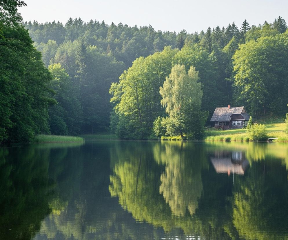 Centralnym elementem obrazu jest spokojne, ciemne jezioro, którego lustrzana powierzchnia odbija otaczający krajobraz. Brzegi jeziora są gęsto porośnięte drzewami o intensywnie zielonych liściach, z dominującymi odcieniami jasnej i ciemnej zieleni. Po prawej stronie, na wzgórzu, wśród drzew znajduje się niewielki drewniany domek z ciemnym dachem i jasnymi oknami, a tuż obok niego rośnie wysokie, jasnozielone drzewo liściaste, prawdopodobnie brzoza. Niebo jest jasne, prawie białe, rozjaśniając górną część obrazu.