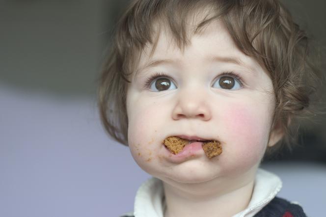dziecko z ciastkami w buzi