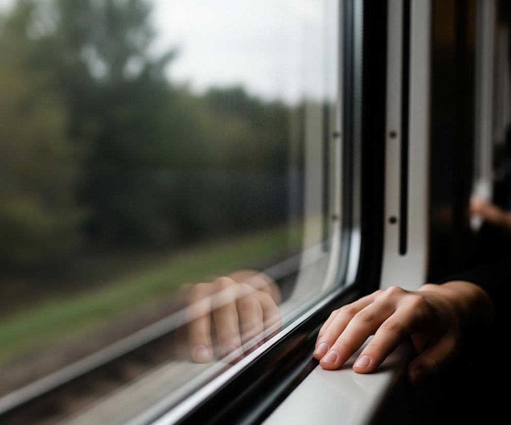 Prawa dłoń z długimi, naturalnymi paznokciami spoczywa na białym parapecie okna, otoczonym czarną ramą, wewnątrz pociągu. Przez szybę okna rozciąga się niewyraźny krajobraz z zielonymi drzewami i jasnym, pochmurnym niebem. W dolnej części odbicie dłoni zarysowuje się na szybie, a na horyzoncie widać niewyraźne, poziome pasy, być może tory kolejowe lub element pejzażu.