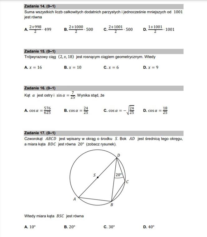 Matura poprawkowa z matematyki 2021 - zadania zamknięte 14-17 (1 punkt)