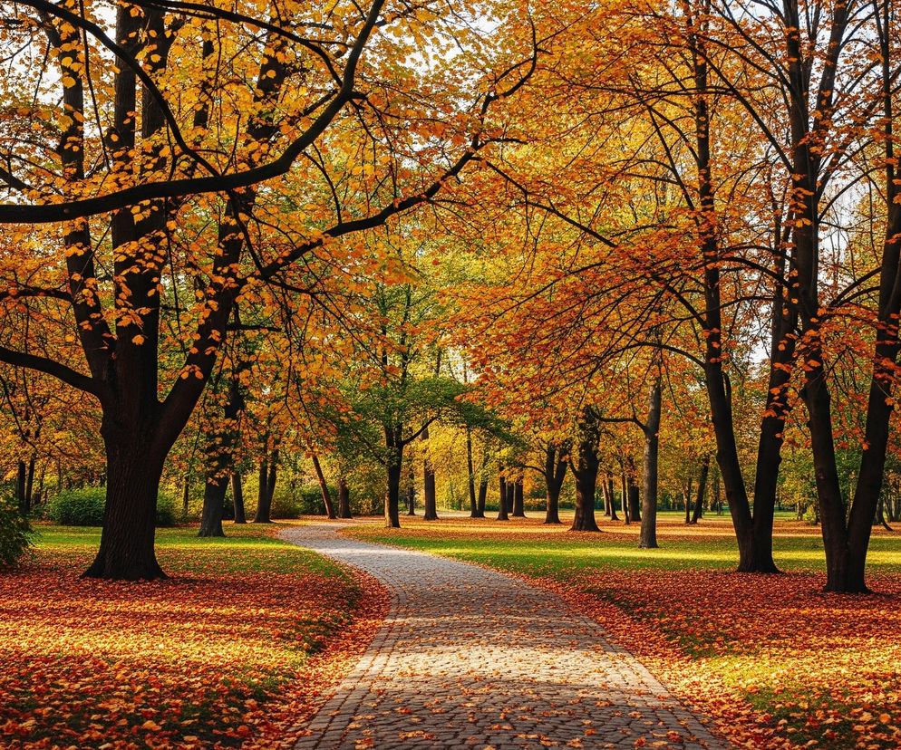 Przedstawiona scena to jesienny krajobraz parku, z krętą alejką biegnącą przez środek. Po obu stronach alejki rosną liczne drzewa o pniach w ciemnych odcieniach brązu, z koronami obfitującymi w liście w intensywnych barwach pomarańczy, żółci i czerwieni. Ziemia pokryta jest gęstą warstwą opadłych liści, tworzącą dywan w podobnych ciepłych kolorach, a pomiędzy nimi widać zieloną trawę. Słońce rzuca długie cienie na alejkę i podłoże, podkreślając jesienną atmosferę.