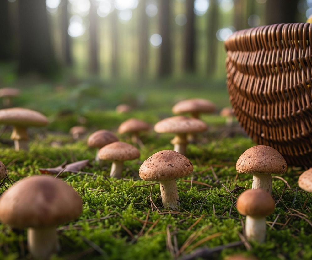 W centrum obrazu znajduje się rozległa zielona warstwa mchu, z której wyrastają liczne grzyby o brązowych kapeluszach i jasnych trzonach. W prawym górnym rogu widoczny jest fragment ciemnobrązowego kosza wiklinowego, lekko wypełnionego żółtymi owocami lub grzybami. W tle, rozmyte sylwetki drzew tworzą las, a między nimi prześwieca jasne, rozproszone światło.