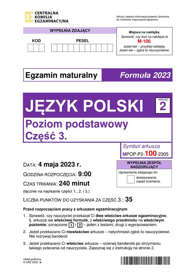 Matura 2023: polski. Arkusze CKE i odpowiedzi. Poziom podstawowy [Formuła 2023]