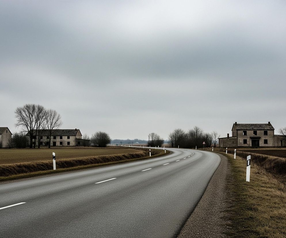 Asfaltowa droga wijąca się łagodnie w prawo, z białymi, przerywanymi liniami, dominuje środek kadru. Po obu jej stronach rozciągają się pola o brązowej, zaoranej ziemi i suchej, jasnobrązowej trawie. Wzdłuż drogi, w niewielkich odstępach, stoją białe słupki drogowe z czarnymi elementami odblaskowymi. Horyzont przecina kilka opuszczonych, jasnych budynków z ciemnymi oknami i czerwonymi dachami, otoczonych nagimi drzewami i krzewami. Ponad całością rozciąga się jednolicie szare, zachmurzone niebo.