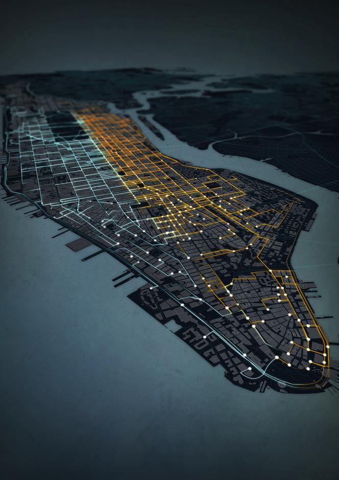 Minimum Fleet – projekt optymalizacji transportu taksówkowego w Nowym Jorku (linie niebieskie – model zoptymalizowany, linie żółte – model obecny, punkty – cele podróży), autorzy: Senseable City Lab, 2018