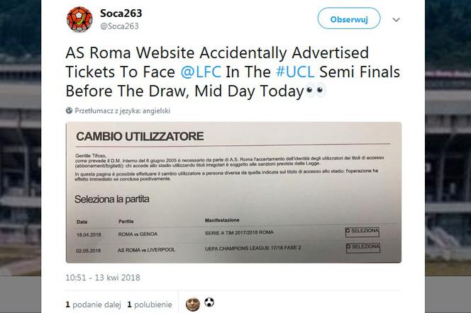 Wpadka AS Roma przed losowaniem półfinałów Ligi Mistrzów 2018