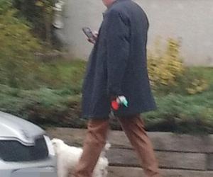 Czesław Michniewicz na spacerze z psem