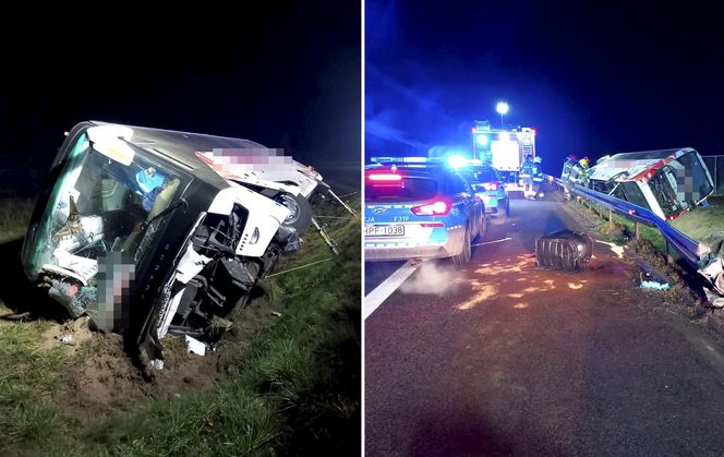 Nocny wypadek autobusu pod Łowiczem. Kilka osób w szpitalu. Pojazd wylądował w rowie [ZDJĘCIA].