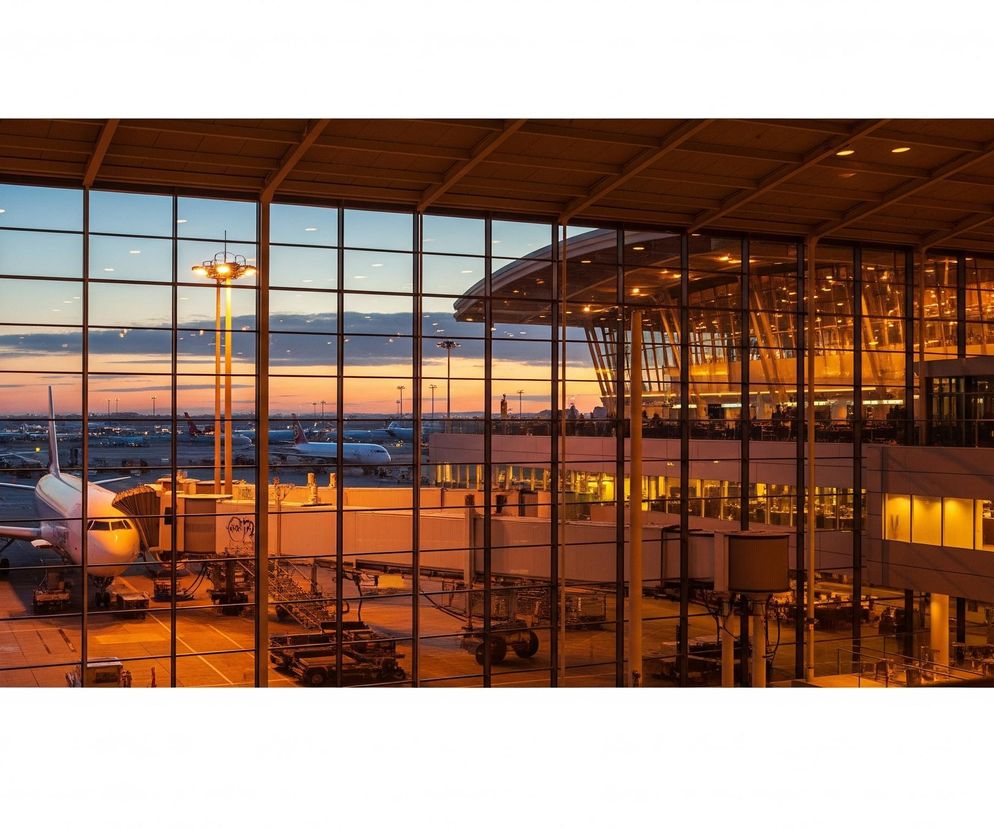 Widok na płytę lotniska i terminal przez duże, przeszklone okna, ukazując zmierzch lub wschód słońca. Duży samolot pasażerski stoi na płycie po lewej stronie, podłączony rękawem do terminala, który rozciąga się w prawo. W tle widoczne są inne samoloty i budynki lotniskowe, a niebo przybiera odcienie błękitu i pomarańczu. Wnętrze terminala, widoczne po prawej stronie za oknem, jest jasno oświetlone ciepłym, żółtym światłem, ukazując liczne pomieszczenia i konstrukcje architektoniczne.