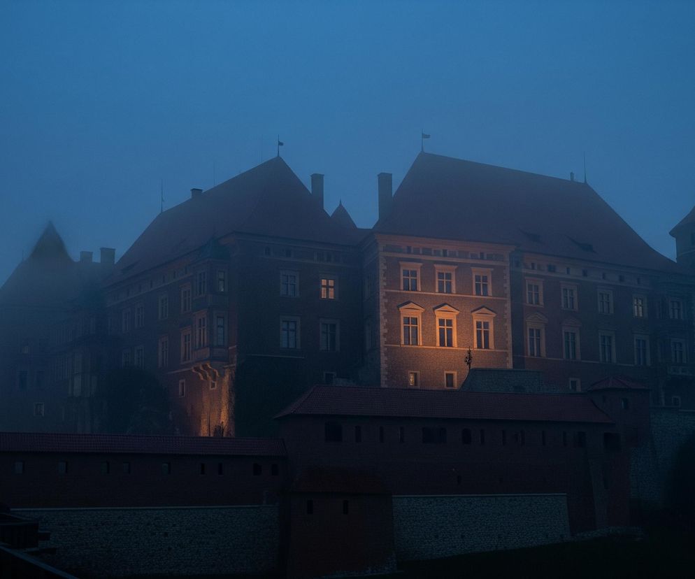 Zamek o ceglanych ścianach i spadzistych, ciemnopomarańczowych dachach wyłania się z gęstej, niebieskawej mgły w nocy. Główna część budowli, widoczna w centrum, posiada liczne okna, z których kilka na wyższych kondygnacjach świeci ciepłym, żółtym światłem, intensywnie rozświetlając fragment elewacji. Po lewej stronie wznosi się ciemna wieża z czerwoną kopułą i iglicą, a po prawej kolejna podobna wieża z ciemnym, stożkowatym dachem. U podstawy zamku rozciąga się mur obronny z mniejszymi, ceglanymi budynkami z czerwonymi dachami, częściowo oświetlony od dołu.