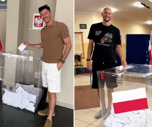 Robert Lewandowski oddał głos w wyborach prezydenckich. W tle godło przyklejone na bezbarwną taśmę