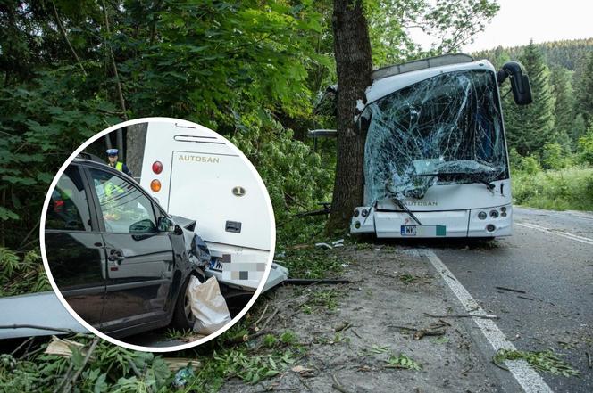 Koszmar pod Karpaczem. Autobus roztrzaskał się na drzewie, dwie osoby ciężko ranne