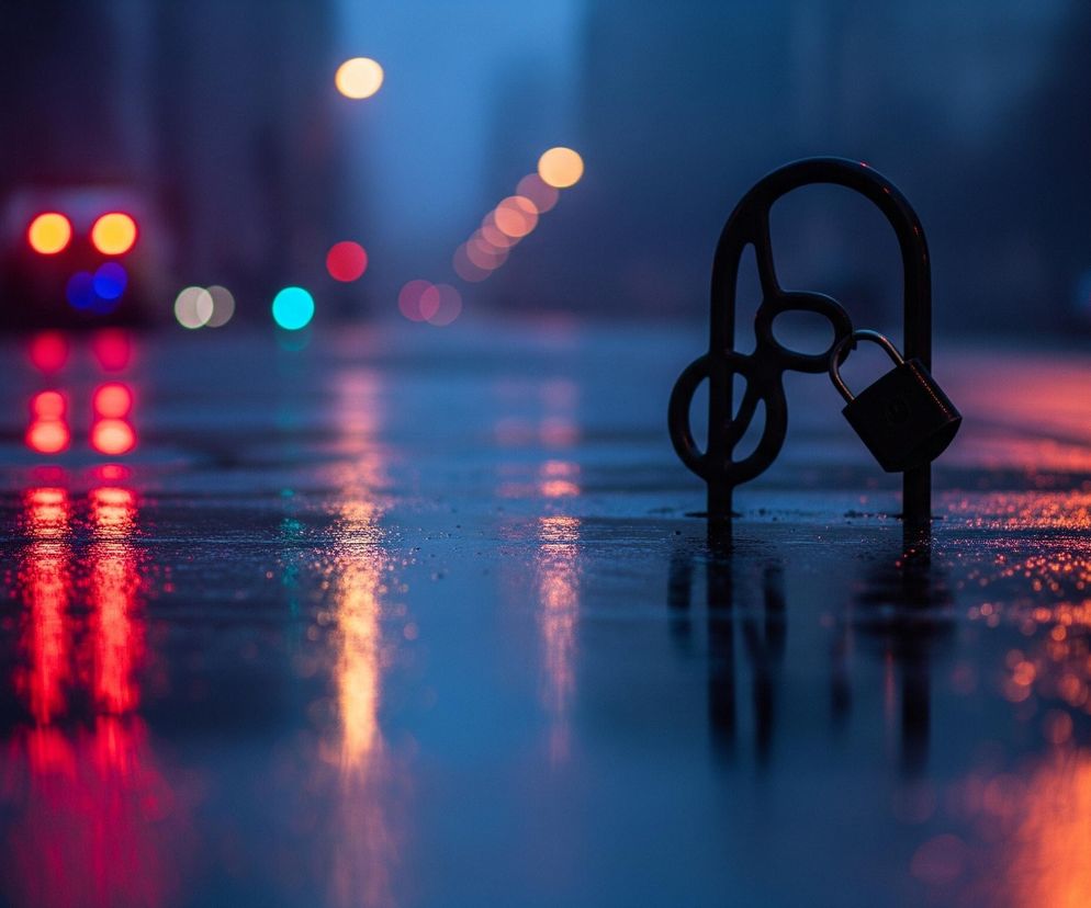 Ciemna, metalowa konstrukcja, przypominająca stojak na rowery z ozdobnymi pętlami, stoi na mokrej nawierzchni po prawej stronie. Do jednej z pętli przymocowana jest otwarta kłódka. Cała scena jest zdominowana przez odcienie błękitu i fioletu, z intensywnymi, rozmazanymi światłami w tle, które odbijają się na mokrej powierzchni ulicy. Po lewej stronie widoczne są czerwone i pomarańczowe światła pojazdów, a w oddali, wzdłuż ulicy, rozciąga się szereg rozmytych pomarańczowych świateł, tworząc świetlisty tunel.