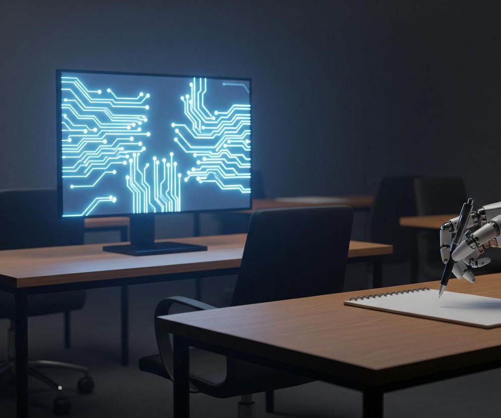 Mechaniczne ramię w białym kolorze z metalowymi elementami trzyma czarny długopis i pisze na białym zeszycie w spirali, leżącym na drewnianym biurku. Przedmiot jest umiejscowiony po prawej stronie kadru, a dalszy plan wypełniają podobne biurka z ciemnymi krzesłami w rzędach, w słabo oświetlonej sali. Na centralnym planie, za biurkami, stoi włączony monitor komputera wyświetlający niebieski wzór przypominający płytkę drukowaną z elementami świecącymi.