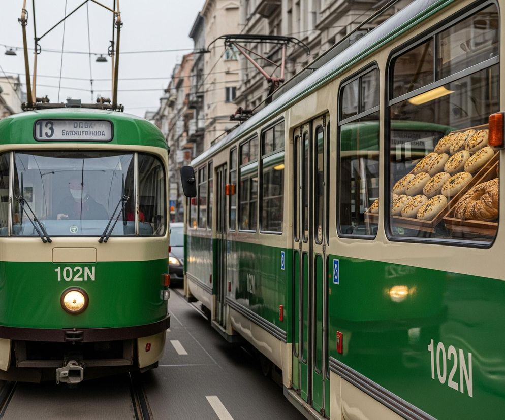 Dwa tramwaje o kremowo-zielonym malowaniu jadą w przeciwnych kierunkach po ulicy miejskiej, otoczonej kamienicami. Lewy tramwaj ma na przodzie wyświetlony numer 13 i 102N, a jego przednie światło jest włączone. Wnętrze prawego tramwaju jest widoczne przez okna, gdzie na drewnianych tacach ułożone są liczne pieczywo, głównie bajgle i precle. W tle widać pieszych na chodnikach, inne samochody oraz szarobure niebo.