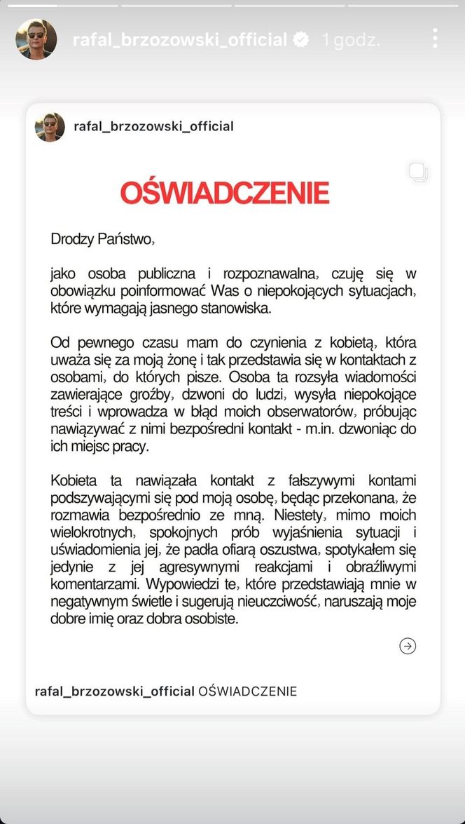 Rafał Brzozowski jest ofiarą stalkingu. Przestrzega swoich fanów i prosi o wzmożoną ostrożność.