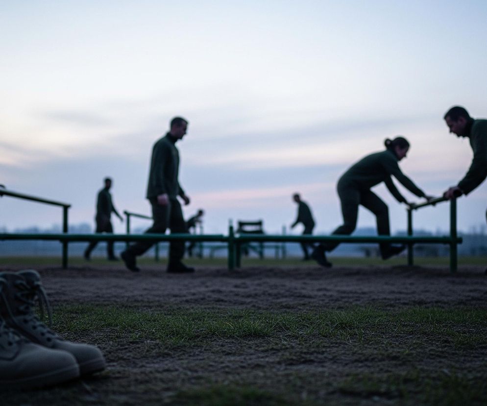 Na pierwszym planie, w lewym dolnym rogu, leży para ciemnoszarych butów, ostro zarysowanych, spoczywających na lekko brązowawej, niskiej trawie. Dalej, na środku i w tle, widać sylwetki kilku osób w ciemnych strojach, wykonujących ćwiczenia na zielonych, metalowych przeszkodach. Tło to rozmyte, jasne niebo w odcieniach błękitu i różu, z linią drzew na horyzoncie.