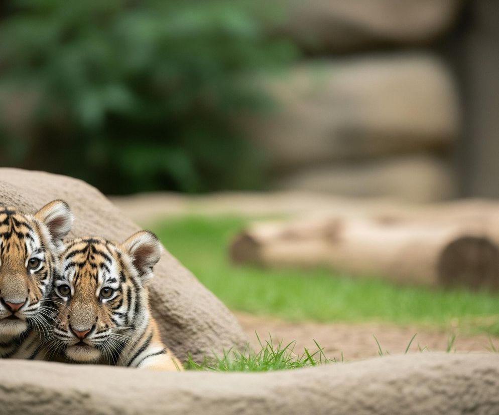 Dwa małe tygrysy wyłaniają się z ciemnego otworu w piaskowym, kamiennym lub ziemnym pagórku, dominując lewą stronę kadru. Ich futro jest pomarańczowe z wyraźnymi czarnymi pręgami, a pyszczki mają białe znaczenia i długie wibrysy. Tygrysy spoglądają prosto w obiektyw, a ich oczy są jasnobrązowe z czarnymi źrenicami. Tło jest rozmyte, ukazując zieloną trawę i beżowe, naturalne struktury.