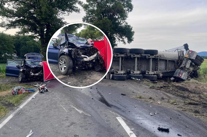 Audi zmiażdżone, ciężarówka na boku. 48-letnia kobieta zginęła w tragicznym wypadku 