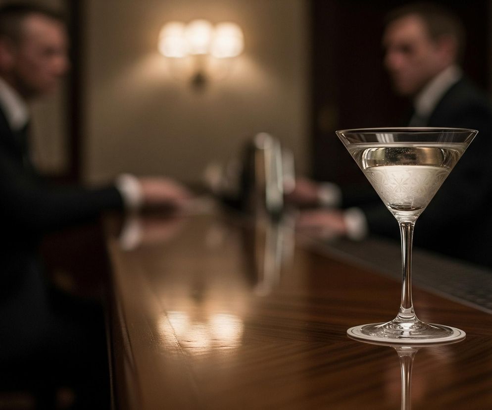 Na pierwszym planie, centralnie, stoi szklany kieliszek typu martini, wypełniony jasnym płynem, z delikatnym wzorem gwiazd na dolnej części czaszy. Kieliszek umieszczony jest na białej podkładce, na błyszczącym, drewnianym barze o ciemnym, brązowym odcieniu. W tle, po lewej stronie, siedzi niewyraźnie zarysowany mężczyzna w ciemnym garniturze i białej koszuli, natomiast po prawej stronie, również niewyraźnie, widoczny jest inny mężczyzna, prawdopodobnie barman, obsługujący bar, z fragmentem butelek widocznym za nim. Całość oświetlona jest ciepłym, stonowanym światłem, a na ścianie w tle widoczne są dwa kinkiety.