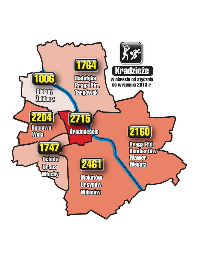 Warszawa - kradzieże (okres od stycznia do września 2013 r.)