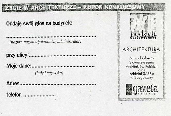 Kupon konkursowy ŻYCIE W ARCHITEKTURZE