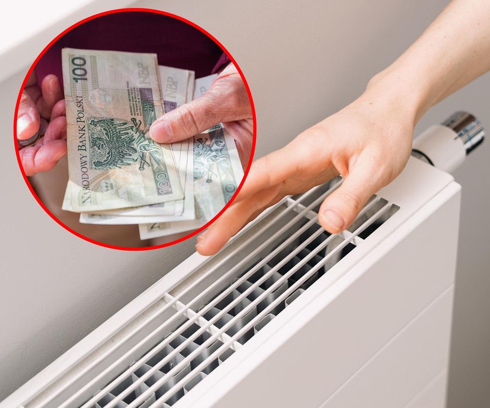 Ręka osoby dotykająca grzejnika z termostatem, symbolizująca rosnące koszty ogrzewania. W tle, w okręgu, widoczne dłonie trzymające plik banknotów 100-złotowych. Informacje o kosztach ogrzewania przeczytasz na Super Biznes.