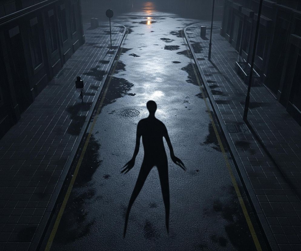 Centralnie na pierwszym planie widnieje duży, ciemny cień o kształcie ludzkiej postaci, z wyraźnie wydłużonymi palcami, rozpostartymi ramionami i szeroko rozstawionymi nogami, rzucany na mokrą, asfaltową ulicę. Ulica jest otoczona z obu stron chodnikami z ciemnoszarych kostek brukowych oraz fasadami budynków, które są słabo oświetlone i toną w ciemności. W oddali, na zakręcie ulicy, widać jasne, pomarańczowe światło odbijające się od mokrej nawierzchni, tworząc smugę. Po prawej stronie ulicy, na chodniku, stoi wysoki, ciemny słupek z okrągłym znakiem, a dalej widać ciemny kosz na śmieci.