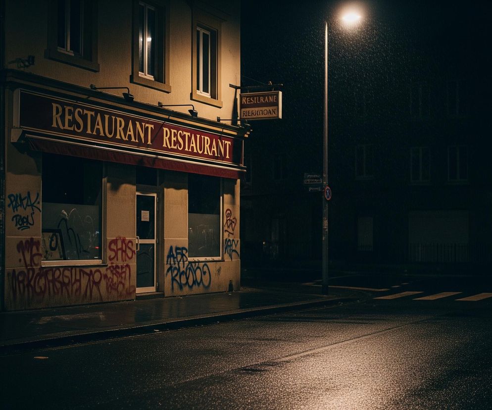 Centralnym elementem obrazu jest budynek restauracji o kremowych ścianach, widoczny w lewej części kadru, z ciemnoczerwonym markizą i napisem RESTAURANT RESTAURANT w kolorze złotym. Przed restauracją znajduje się mokra ulica z widocznym odbiciem światła latarni, a na ścianach budynku i witrynach są liczne graffiti w odcieniach czerwieni i błękitu. Po prawej stronie, w oddali, widać ciemne budynki i oświetloną latarnię uliczną, wokół której spadają krople deszczu, tworząc smugę światła.
