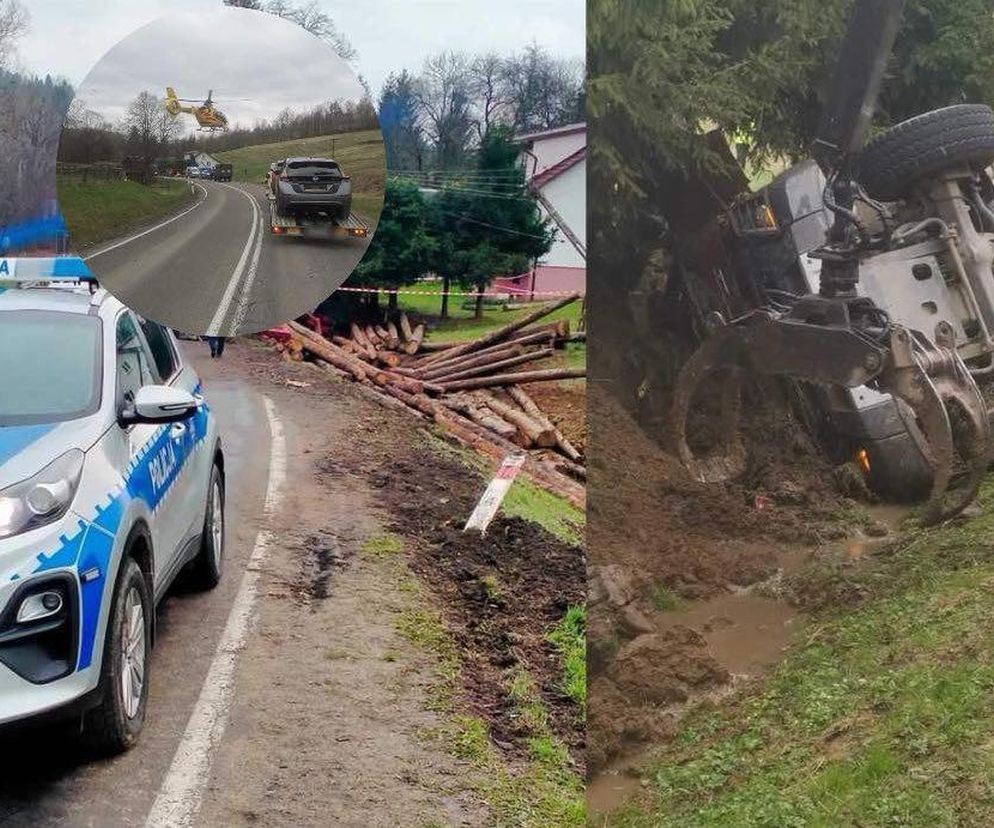 Dachowanie ciężarówki z drewnem. Kierowca został uwięziony w kabinie