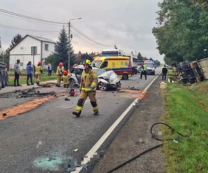 Wypadek trzech pojazdów na DK79 w Ożarowie. Kierowców dwóch ciężarówek i BMW zabrały karetki