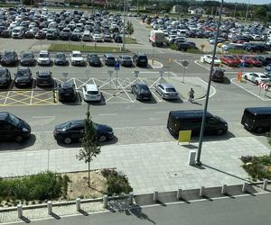 Zazieleniony teren parkingu i pasażu przed terminalami Katowice Airport