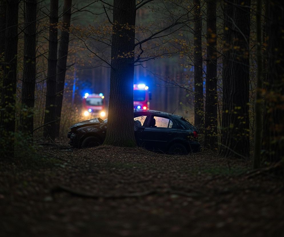 Ciemny las z rozproszonym światłem ukazuje czarny samochód osobowy, który uderzył w pień drzewa po prawej stronie. Z przodu widać uszkodzenia maski i zderzaka. W tle, za drzewami, majaczą dwa rozmyte czerwone wozy strażackie z włączonymi niebieskimi światłami sygnalizacyjnymi i jasnymi reflektorami. Cała scena jest utrzymana w ciemnej tonacji, z brązowo-zielonymi liśćmi i pniem drzewa na pierwszym planie oraz opadłymi liśćmi na ziemi.