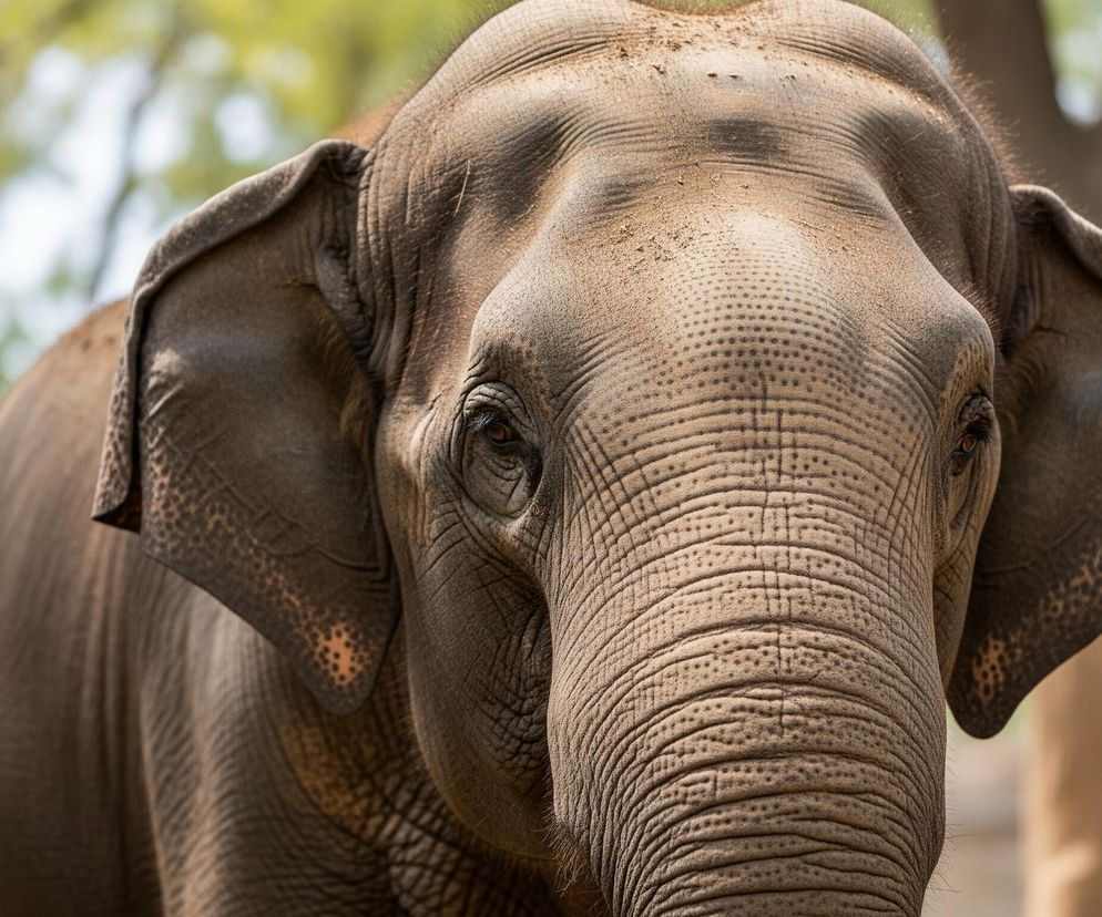 Słoń z bliska, zwrócony przodem, wypełnia niemal cały kadr. Jego skóra jest pofałdowana i szarobrązowa, z widocznymi licznymi zagłębieniami i lekkim zabrudzeniem na czole. Duże, ciemne oczy są wyraźnie widoczne, a trąba zwisa pionowo w dół, również pokryta licznymi zmarszczkami. Na tle rozmytego, zielonego drzewostanu i jasnego nieba, po prawej stronie widać również fragment rozmazanego brązowego pnia.