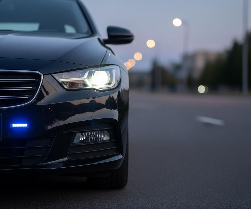 Czarny samochód stoi na asfaltowej drodze, zajmując lewą część kadru. Jego przednie światła są włączone i świecą jasnym, białym światłem, a tuż pod tablicą rejestracyjną pulsuje niebieskie światło. W tle, po prawej stronie, widoczne są rozmyte światła miejskie oraz niewyraźne zarysy budynków i drzew. Droga rozciąga się w głąb kadru, z delikatnym oznaczeniem linii na asfalcie.