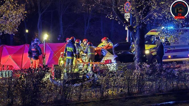 Potworny wypadek w Warszawie. BMW roztrzaskane o drzewo, kierowca zakleszczony