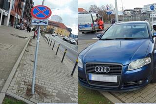 Wrocławianka zawisła na znaku drogowym 