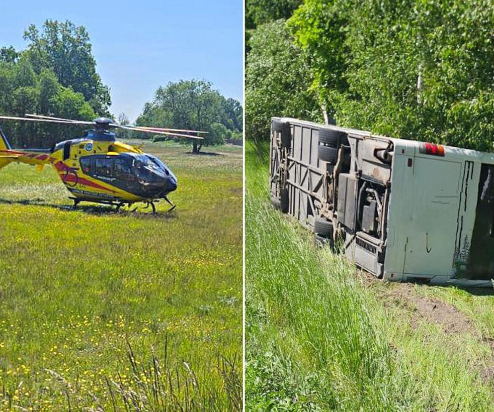 Autobus pełen dzieci skończył w rowie! Są poszkodowani. Śmigłowiec na miejscu.