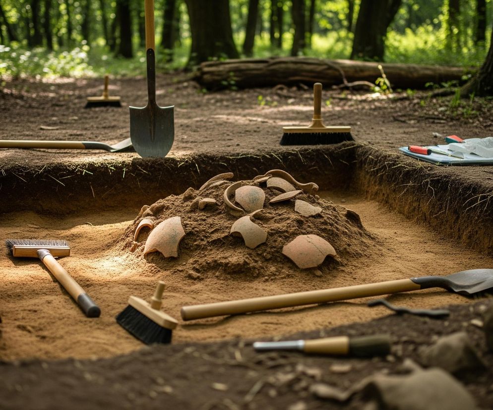 Centralnym punktem obrazu jest prostokątny wykop w ziemi, wypełniony jaśniejszym, piaskowym gruntem. Na środku tego wykopu znajduje się kopiec piasku, z którego wystają liczne kawałki potłuczonej ceramiki w odcieniach brązu i czerwieni. Wokół wykopu oraz w jego obrębie leży kilka narzędzi archeologicznych, takich jak łopaty o długich i krótkich trzonkach, pędzle z drewnianymi uchwytami, a także mała kielnia i inne drobne akcesoria. Tło przedstawia gęsty las z wysokimi drzewami o ciemnych pniach i jasnozielonym listowiu, tworzącym rozproszone światło słoneczne.
