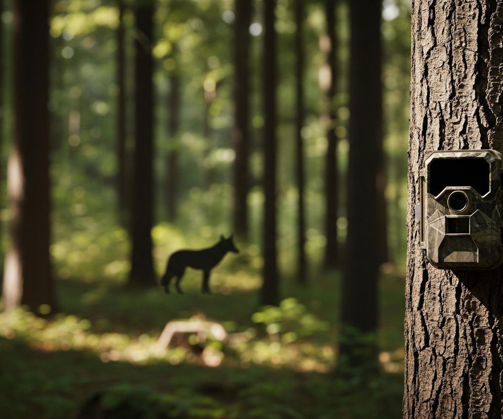 Na pierwszym planie, z prawej strony, do pnia drzewa o szorstkiej, brązowej korze przymocowana jest leśna kamera monitorująca o maskującym wzorze moro. W centralnej części obrazu, na rozmazanym tle gęstego lasu, widoczna jest ciemna sylwetka psa lub wilka, stojąca na ziemi. Cała scena jest rozświetlona naturalnym światłem słonecznym, tworzącym jaśniejsze plamy na zielonym podłożu i tle, z licznymi niewyraźnymi drzewami w oddali.