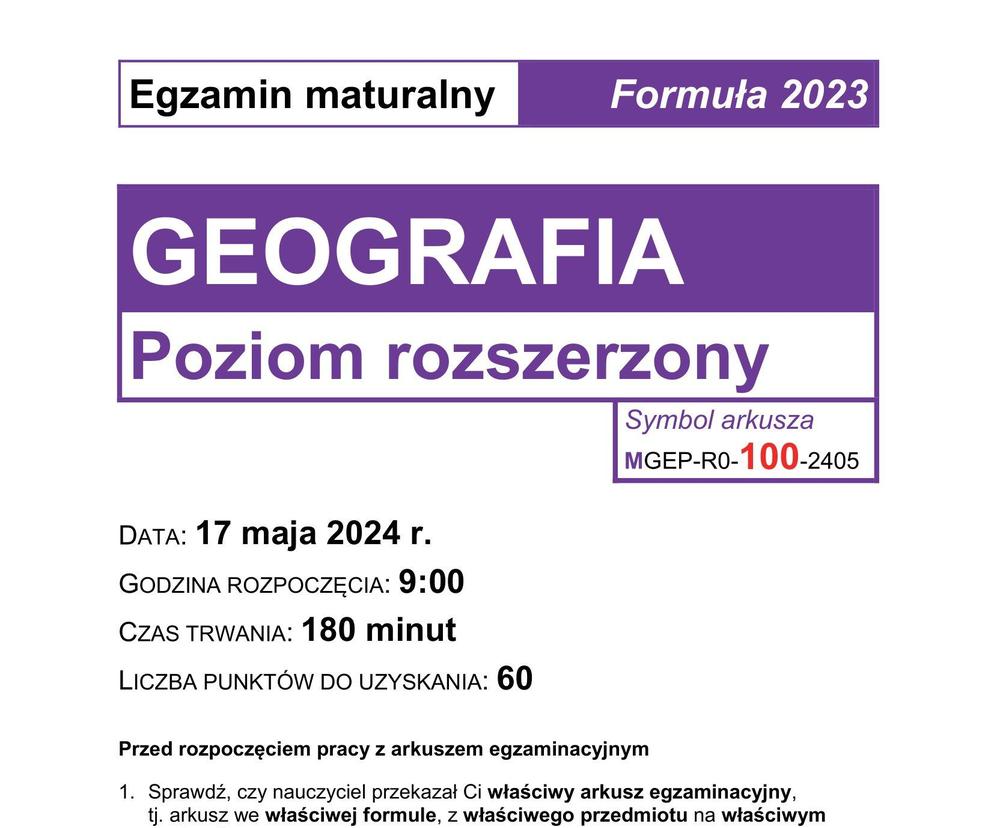 Matura 2024: geografia rozszerzona. ARKUSZ FORMUŁA 2023