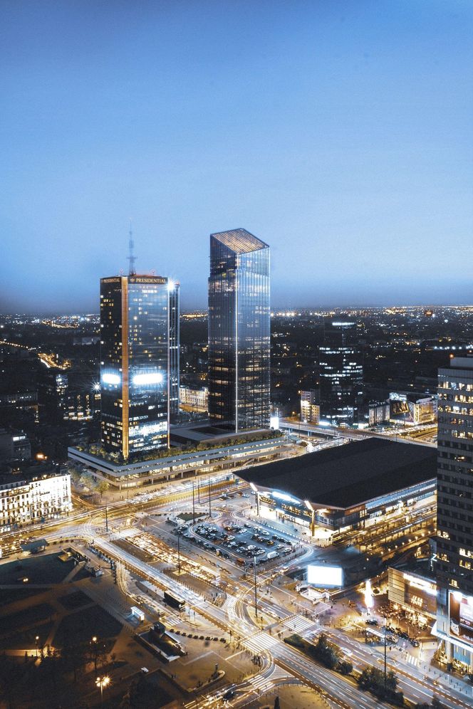 Wizualizacja Lilium Tower obok dawnych budynków Marriotta i Elektrimu