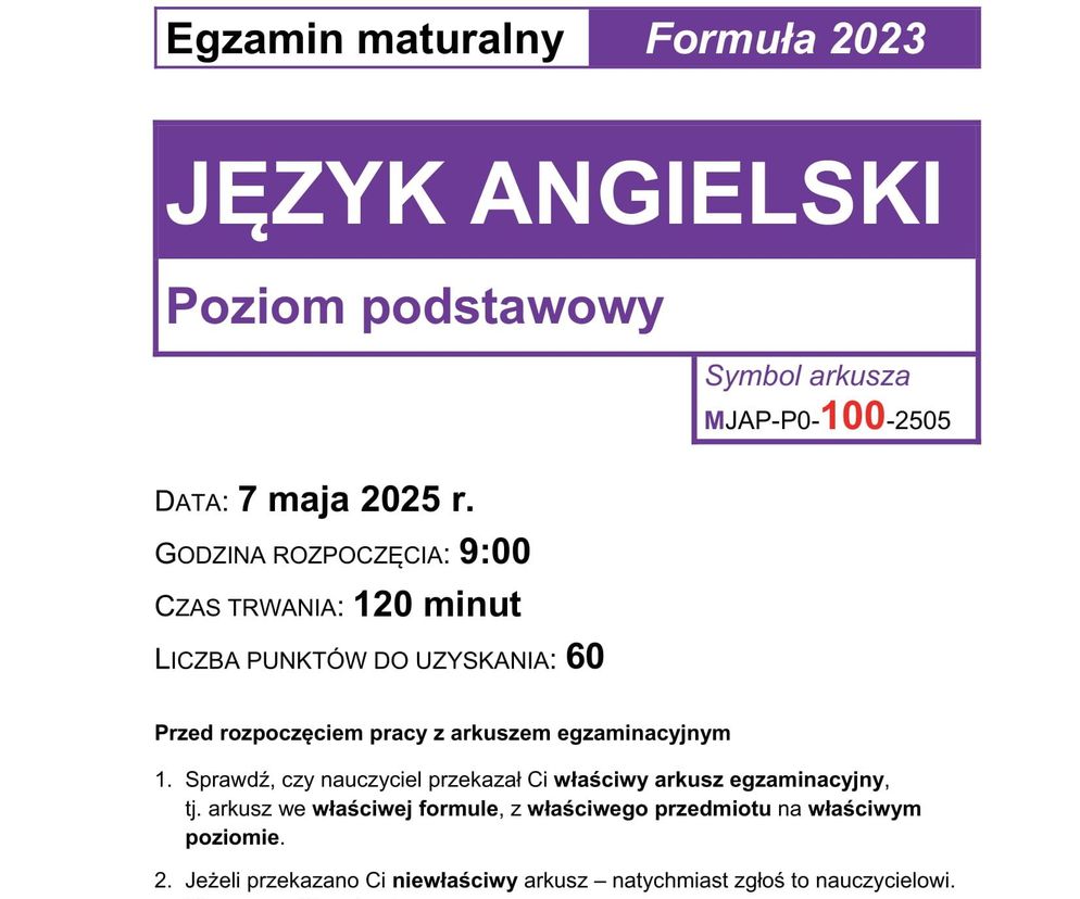 Matura z j. angielskiego 2025. ARKUSZE ZADAŃ Formuła 2023